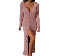 Robe cardigan à manches longues en maille côtelée boutonnée avec col en V pour femme, rose, XL