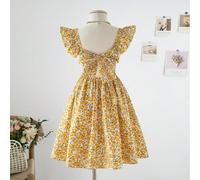 Robe carrée à col carré sans manches à volants de couleur unie jaune pour adolescentes, robe dos nu avec nœud papillon et découpes, convient pour les vacances, les festivals, les déjeuners, les festiv