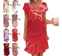 Robe cascade à imprimé floral multi-plantes pour femme en mousseline de soie imprimée 3D sans manches, robe midi décontractée, légère pour l'été, Rouge, L