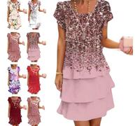 Robe cascade à imprimé floral multi-plantes pour femme en mousseline de soie imprimée 3D sans manches, robe midi décontractée, légère pour l'été, Paillettes roses, L