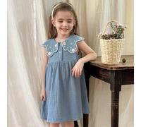 Robe casual ajustée pour jeune fille en tissu uni avec col claudine de style Peter Pan brodé 6Y,7Y,4Y,5YFloral,Unicolore,PlantesÉtoffe