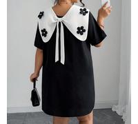 Robe Casual Chic à Manches Courtes avec Décor Floral 3D et Col Rond, grande taille, Parfaite Pour le Travail et les Sorties 0XL,1XL,2XL,3XL,4XLBlocs de couleurTissu tissé
