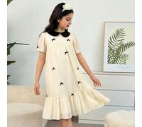 Robe casual polyvalente pour tous les jours, à col Peter Pan, nœud papillon, manches bouffantes, pour jeunes filles 8Y,9Y,10Y,11Y,12YAnimalPolyester