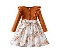 Robe Ceremonie Fille - Robe d'hiver à Manches Longues pour Filles avec nœud et imprimé Floral Ourlet évasé Tenue de soirée élégante adaptée pour Occasions spéciales et activités Quotidiennes