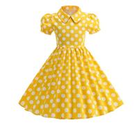 Robe CéRéMonie RéTro Années 50 pour Fille Rockabilly Style Vintage Robe De Soirée Mariage Manches Courtes ÉLégante Et Décontractée Robe De CéRémonie Cocktail, 3 à 10 Ans (Yellow, 3-4 Years)
