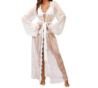 Robe Chambre Sexy Dentelle Femme Lingerie Nuit Kimono Maille Transparente Ceinturé Long Beach Coverups Bikini Maillot Bain (FR/ES, Alpha/lettres, Taille unique, Taille normale, Taille normale, Blanc)