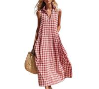 Robe chemise à carreaux vichy sans manches pour femme, coupe ample, en lin et coton, avec poches, robe d'été décontractée, pour l'été, les vacances, la plage, robe longue fluide pour femme
