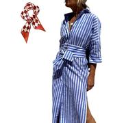 Robe chemise à lacets classique à rayures 2025 pour femme - Manches 3/4 boutonnées et fendues, bleu, L