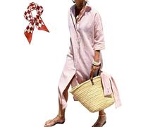 Robe chemise à lacets classique à rayures 2025 pour femme - Manches 3/4 boutonnées et fendues, rose, M