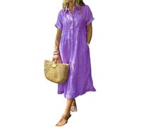 Robe chemise à revers rayée avec boutons et poches fonctionnelles, robe chemise maxi ample décontractée d'été (Violet, XXL)