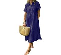 Robe chemise à revers rayée avec boutons et poches fonctionnelles, robe chemise maxi dété décontractée à coupe ample (Bleu marine, XL)