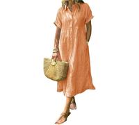 Robe chemise à revers rayés avec poches fonctionnelles, robe chemise maxi dété décontractée à coupe ample (Orange, M)