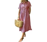 Robe chemise à revers rayés avec poches fonctionnelles, robe chemise maxi dété décontractée à coupe ample (Rouge, XL)