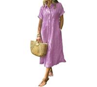 Robe chemise à revers rayés boutonnée avec poches fonctionnelles, robe chemise maxi ample décontractée d'été (Rose, XXL)