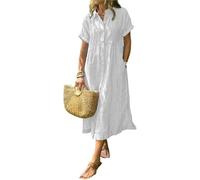 Robe chemise à revers rayés boutonnée avec poches fonctionnelles, robe chemise maxi dété décontractée à coupe ample (Blanc, L)
