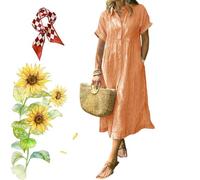 Robe chemise boutonnée à rayures avec poches, d'été décontractée pour femme boutonnée, manches courtes, mi-longue taille, Orange, XL