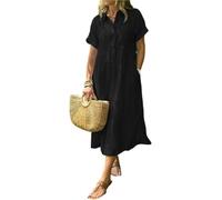 Robe chemise boutonnée à revers rayé avec poches fonctionnelles, robe chemise longue d'été décontractée et ample (noir, taille XL)