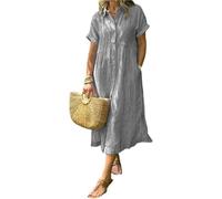 Robe chemise boutonnée à revers rayé avec poches fonctionnelles, robe chemise maxi d'été décontractée et ample (Gris, XXL)
