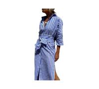 Robe Chemise Classique à Lacets à Rayures, Robes Chemises pour Femmes, Robe Chemise Fendue à Revers (Blue,M)