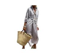 Robe Chemise Classique à Lacets à Rayures, Robes Chemises pour Femmes, Robe Chemise Fendue à Revers (Grey,M)