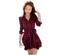 Robe chemise courte boutonnée pour femme - Robe chemise à manches longues avec ceinture - Col en V - Motif écossais - Pour la plage, l'été, le travail - Tendance, Rouge, L