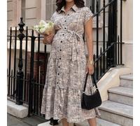 Robe chemise de maternité à manches courtes à carreaux, à simple boutonnage, avec ourlet à volants, style business décontracté, élégante pour l'été, idéale pour une séance photo de travail L,M,S,XL,XX