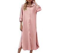 Robe chemise décontractée en coton et lin pour femme - Robe décontractée ample de couleur unie, rose, L