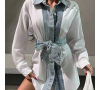 Robe chemise élégante pour femmes avec ceinture et effet de lavage brut L,M,S,XLUnicoloreÉtoffe