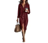 Robe chemise en velours pour femme - Manches longues - Col boutonné - Coupe ample - Couleur unie - Longueur sous le genou - Jupe en jean décontractée avec poches pour l'automne et l'hiver, bordeaux