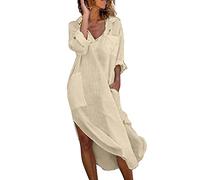 Robe Chemise Femme de Plage, Col V Robe Coton et Lin, Manche Longue Mode Boutonné Grande Poche avec Manches Retroussées Fendue sur Le côté Robes Casual Respirant Couleurs Pures