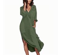 Robe Chemise Femme de Plage, Col V Robe Coton et Lin,Robe Longue Fluide Manche Longue Mode Boutonné Grande Poche avec Manches Retroussées Fendue sur Le côté Robes Casual Respirant Couleurs Pures