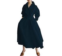 Robe chemise longue à manches longues avec boutons et taille cintrée, robe trapèze ample avec poches, bleu marine, XXL