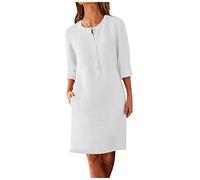 Robe Chemise Longue Droite Boutonnée devant Blanche Coton Lin Femme Grande Taille Décontracté à Manches Longues Robe de Plage Ample Tunique Robes Longueur Genou Rétro Maxi Robe Mi-Longue Dress