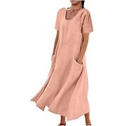Robe Chemise Longue Femme Été Droite Coton Lin Femme Robe de Travail Chic et Elegant Mi-Longue Dress pour Fêter Boheme Max Robes de Soirée Confortable léger Dresses de Vacances à la Plage Pas Cher
