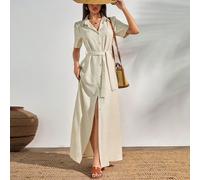 Robe chemise maxi style décontracté, effet lin, avec ceinture intégrée, convient pour la tenue modeste Tall S,Tall M,Tall L,Tall XLUnicoloreTissu tissé
