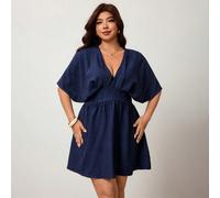Robe chemise portefeuille plissée à col V profond pour femmes grandes tailles, robe décontractée de bureau à manches courtes, pour morphologie en pomme et ronde 0XL,1XL,2XL,3XL,4XL,5XLUnicoloreTissu t