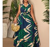 Robe chemise sans manches pour femmes grandes tailles, printemps/été - design avec boutons devant et robe maxi plissée, tenue de bureau décontractée; Robe d'été à taille élastique avec imprimé tropica