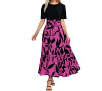 Robe chemisier femmes 2025 imprimé floral enveloppement manches courtes robe maxi patchwork ourlet à volants robe trapèze robe rouge pois blancs femmes, Rose, L
