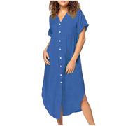 Robe chemisier pour femme - Manches courtes - En lin - Boutonné - Robe d'été en mousseline - Col en V - Robe de plage - Loisirs - Couleur unie - Tunique de plage - Bikini Cover Up - Poncho de plage