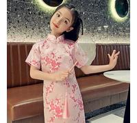 Robe Cheongsam chinoise à manches courtes pour filles de 2 à 10 ans, Qipao imprimée, convient pour un usage quotidien et les activités de festival, ajustement confortable (100 cm, rose)