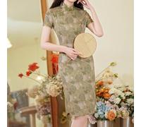 Robe Cheongsam chinoise pour femme avec col montant et style rétro pour une utilisation toute l'année Vert Taille XXL