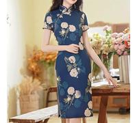 Robe Cheongsam chinoise pour femme avec col montant et style rétro pour une utilisation toute l'année (L Bleu foncé)