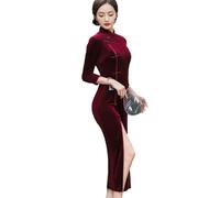 Robe Cheongsam Chinoise pour Femme -Chinois Traditionnel Cheongsam Automne Hiver Velours Robe Chaude Handmade Bouton Vintage Femmes Robes Longues Sexy Party Qipao Plus Taille, Rouge, M
