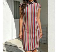 Robe Cheongsam imprimée à rayures arc-en-ciel pour femmes, robe Qipao mini avec manches courtes et fente latérale, robe moulante élégante de style chinois pour le printemps & l'été L,M,S,XLRayéTissu t
