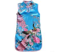 Robe Cheongsam Qipao à manches courtes et col en forme de goutte pour fille - Imprimé floral paon - Style chinois - Style décontracté - 4 - Bleu