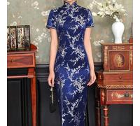 Robe Cheongsam traditionnelle chinoise à imprimé longue pour femme avec silhouette mince, fente latérale et col montant conçue pour divers événements (taille L, bleu foncé)