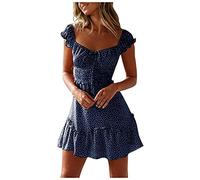 Robe Chic d'été Polka Dot Mini Plissée à Manches pour Femme - Encolure Imprimée Jupe Longue