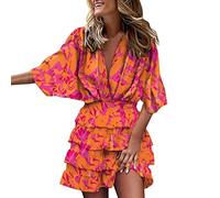 Robe Chic Et Elegant Femme Robe d'été pour Femmes Une épaule Demi Manches Chauve-Souris Solide Robes décontractées en Vrac Sangle en métal Plage Mini Robe de Soleil Robe Coton Grande Taille Garde Robe
