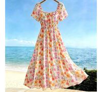 Robe chiffon à fleurs marguerite avec col carré, manches à volants, taille froncée et ourlet évasé. Une tenue élégante, décontractée et confortable pour les déplacements, avec un style rétro, minimali