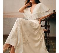 Robe chiffon longue casual de vacances pour femmes, à col V volant, sans manches, ajustée, avec une bordure en dentelle et des broderies L,M,S,XLBlocs de couleur,UnicoloreMousseline